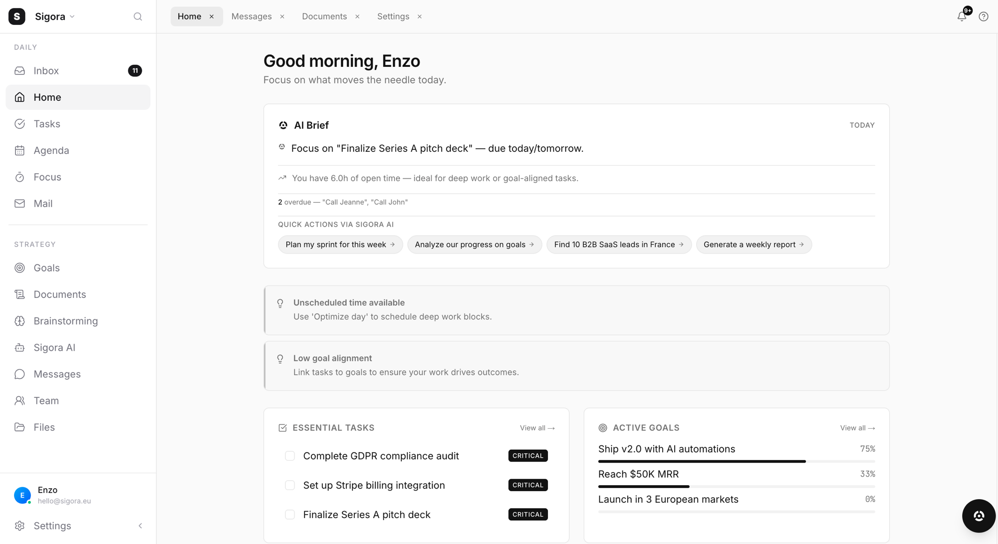 Sigora AI Workspace Dashboard